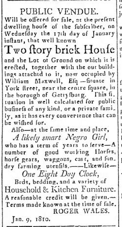 1810 Gettysburg advertisement for a public sale that was to include the sale of a young Black girl.